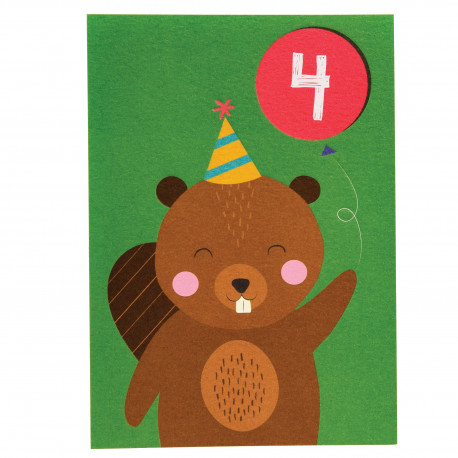 4 års fødselsdag - Kort & kuvert med bæver