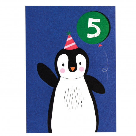 5 års fødselsdag - Kort & kuvert med pingvin