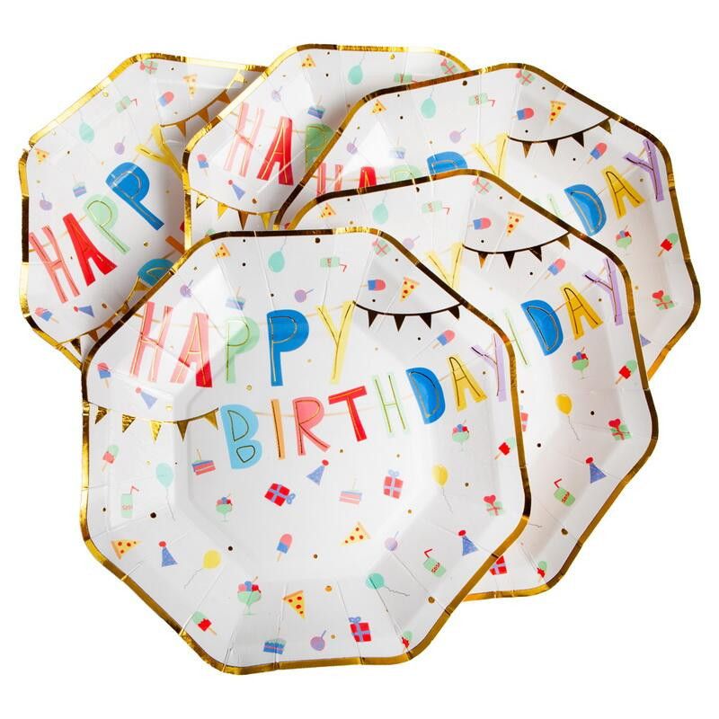 Happy Birthday paptallerken - 8 stk. lille