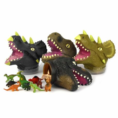 Dinosaur hoved med 12 dino figurer - Assorteret