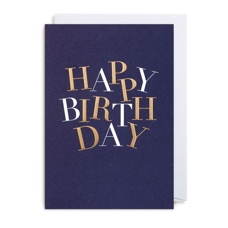 Happy Birthday blå med guld - Fødselsdagskort & kuvert