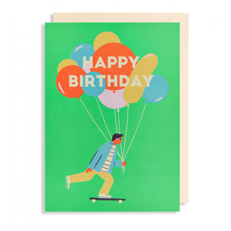 Skateboad & balloner - Fødselsdagskort & kuvert - Lagom