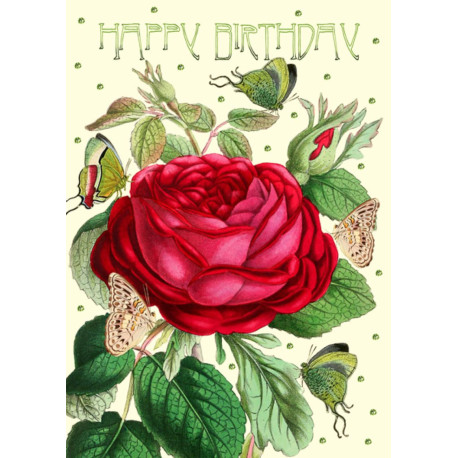 Vintage rød rose med glimmer - Fødselsdagskort & kuvert
