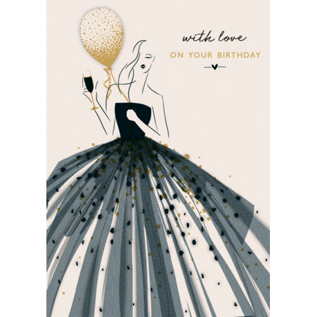 Lady med ballon og guld print - Fødselsdagskort & kuvert