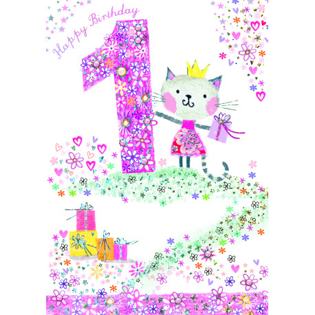 1 års fødselsdag med kat & glimmer - Kort & kuvert - Paper Rose