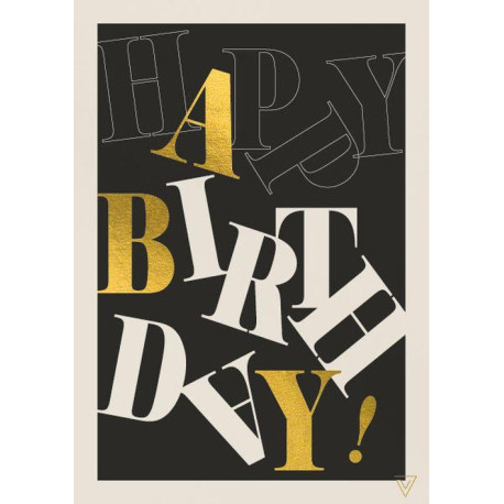 Sort, guld & hvid Happy Birthday - Fødselsdagskort & sort kuvert