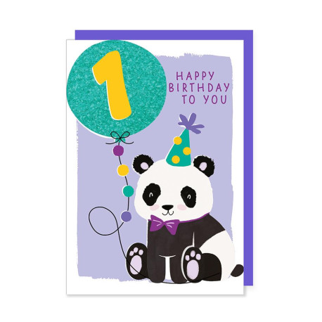 1 år Panda med glimmer ballon - Fødselsdagskort & kuvert 