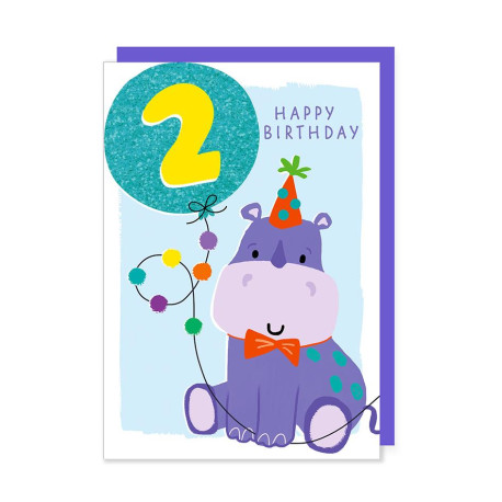 2 år Næsehorn med glimmer ballon - Fødselsdagskort & kuvert 