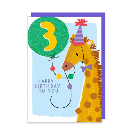 3 år Giraf med glimmer ballon - Fødselsdagskort & kuvert 