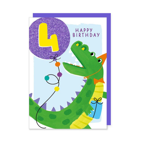 4 år Krokodille med glimmer ballon - Fødselsdagskort & kuvert 