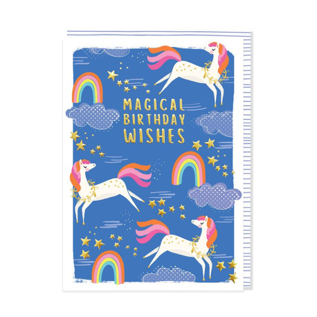 Regnbuer, heste & stjerner med guld print - Fødselsdagskort & kuvert