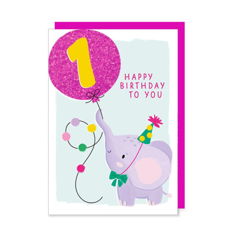 1 år Elefant med glimmer ballon - Fødselsdagskort & kuvert