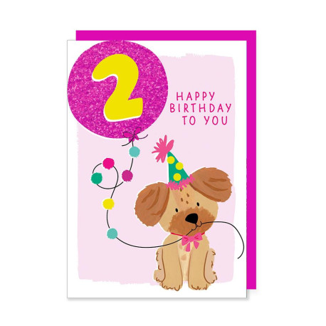 2 år Hund med glimmer ballon - Fødselsdagskort & kuvert