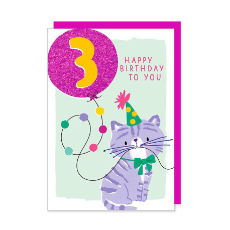 3 år Kat med glimmer ballon - Fødselsdagskort & kuvert