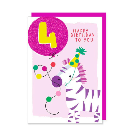 4 år Zebra med glimmer ballon - Fødselsdagskort & kuvert