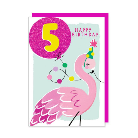 5 år Flamingo med glimmer ballon - Fødselsdagskort & kuvert
