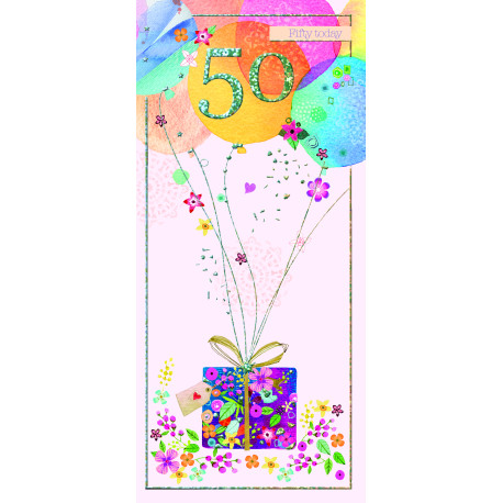 Balloner & gave 50 års fødselsdag - Aflangt kort & kuvert - Paper Rose