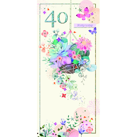 Blomsterkurv 40 års fødselsdag - Aflangt kort & kuvert - Paper Rose