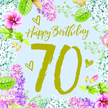 70 Happy Birthday med blomster 6 guld tekst - Stort kort & kuvert