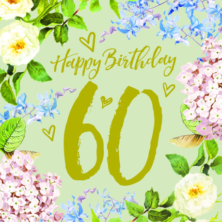 60 Happy Birthday med blomster 6 guld tekst - Stort kort & kuvert