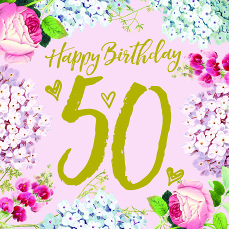 50 Happy Birthday med blomster 6 guld tekst - Stort kort & kuvert