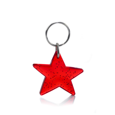 Stjerne rød med glimmer transparent nøglering & taskepynt