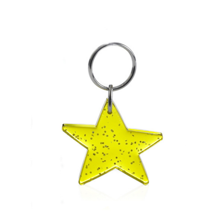 Stjerne gul med glimmer transparent nøglering & taskepynt