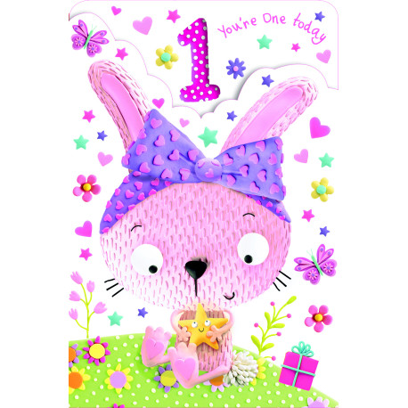Lyserød kanin 1 års fødselsdag - Fold-ud kort & kuvert - Paper Rose