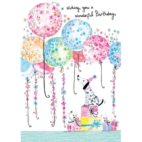 Hund & balloner med glimmer - Fødselsdagskort & kuvert - Paper Rose