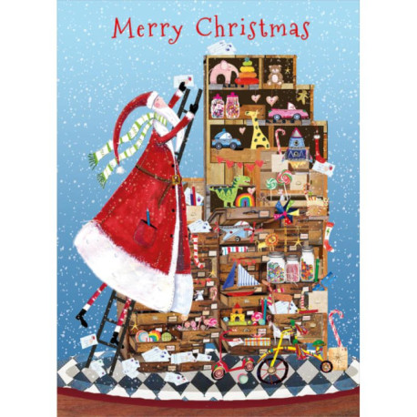Julemand med legetøj & guldglimmer - Julekort & kuvert