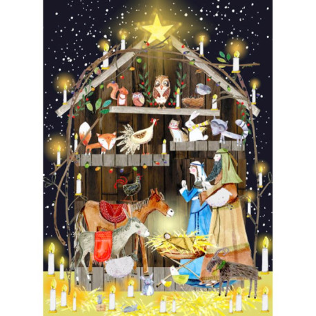 Jesusbarnet i krybben med guld glimmer - Julekort & kuvert