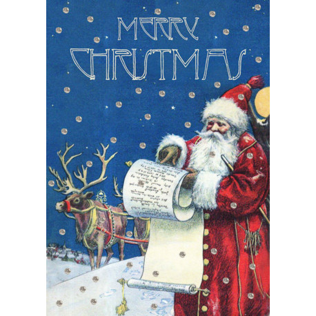 Julemand med ønskeliste & guld glimmer - Julekort & kuvert