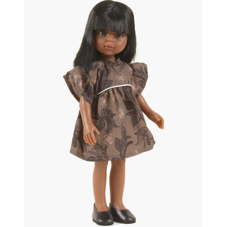 Mørk Nora dukke i Shiteki kjole & sorte sko - 32 cm - Minikane