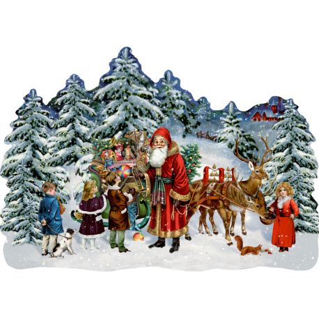Julemandens slæde i skoven - Julekalender med glimmer (42x29cm)