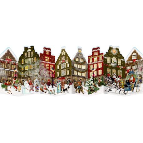 Jul i nabolaget - Julekalender der kan foldes ud med glimmer (84x30 cm)