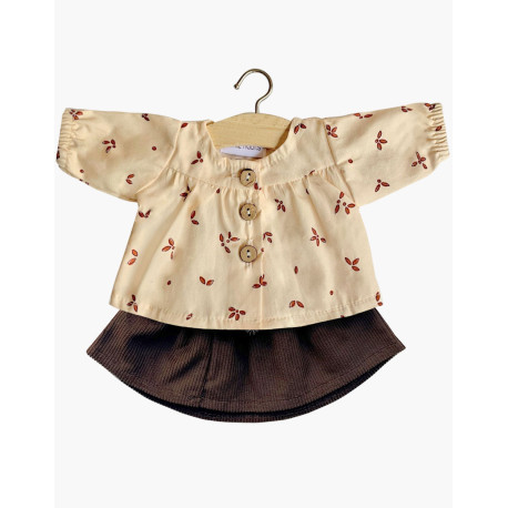 Skjortebluse med knapper & brun nederdel - Dukketøj 34 cm - Minikane