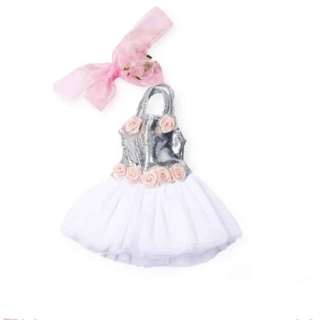 Sølv ballerina kjole & tylsløjfe hårbånd - Dukketøj 32 cm