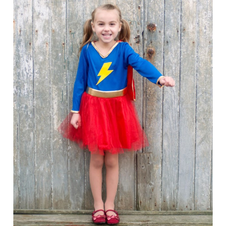 Superhelt kjole med tylskørt & kappe - Udklædning (7-8 år) - Great Pretenders