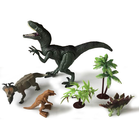 Tyrannosaurus med lyd og lys samt 3 stk. træk-op dinoer