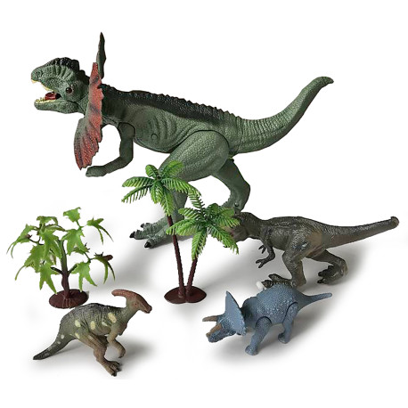 Dilophosaurus med lyd og lys samt 3 stk. træk-op dinoer