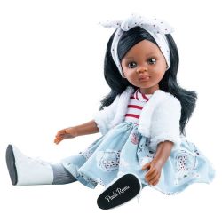 Mørk Nora dukke i kjole, jakke, hårbånd & sko - 32 cm