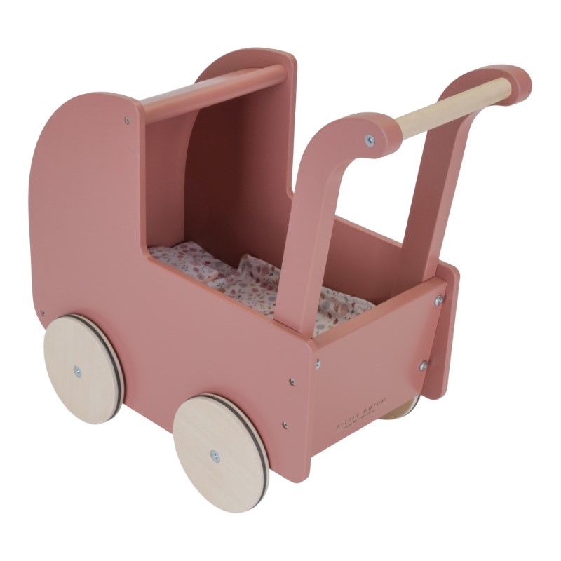Rosa dukkevogn med sengetøj & madras 41 cm - Little Dutch