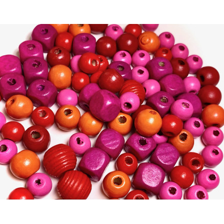 Rød, pink & orange træperlemix - Pearl n Fun