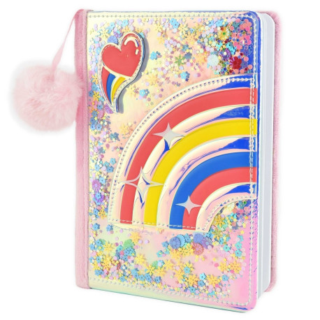 Regnbue notesbog med glimmer & pompom
