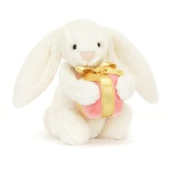 Hvid kanin med gave - Bashful bamse 18 cm