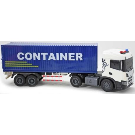SCANIA Lastbil m. container, lys & lyd i hvid og blå